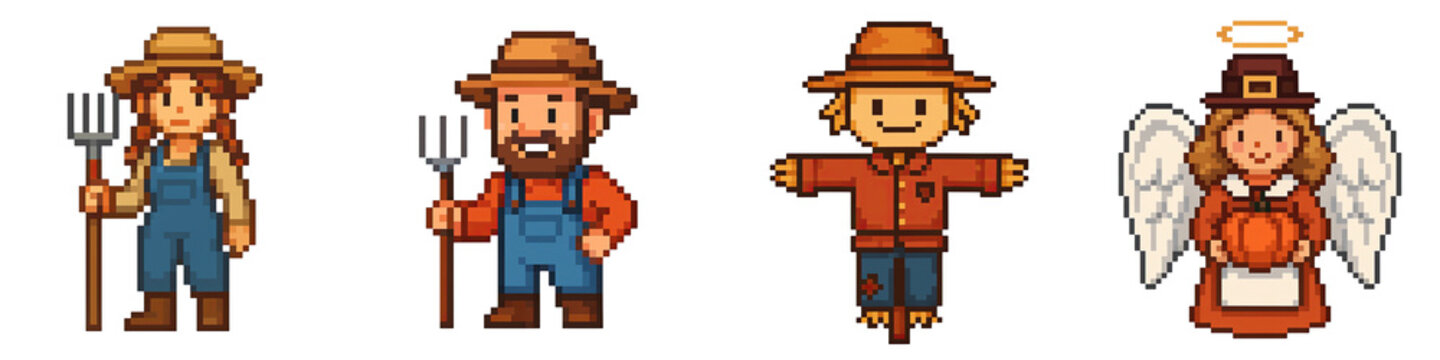 Pixel art characters with symbols and characters celebrate thanksgiving festival in charming pixel art style
