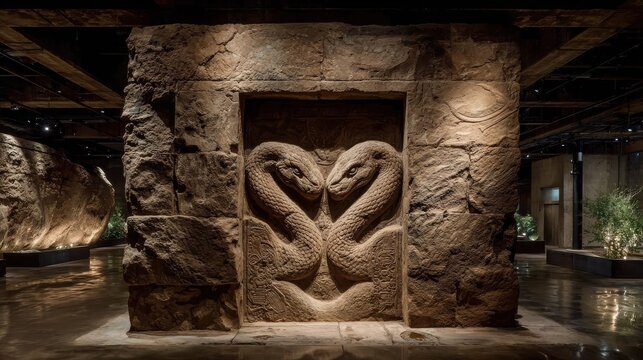 Paleontological discovery of a rare two-headed serpent fossil emerging from rock formation.