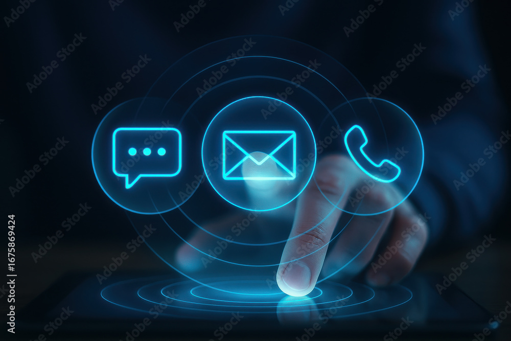 Poster digital communication icons with finger touching tablet screen in dark background