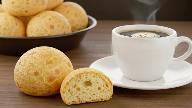  Traditional Brazilian P&atilde;o de Queijo Cheese Bread with Steaming Coffee  P&atilde;o de Queijo Tradicional Brasileiro com Caf&eacute; Fumegante Aut&ecirc;ntico Mineiro