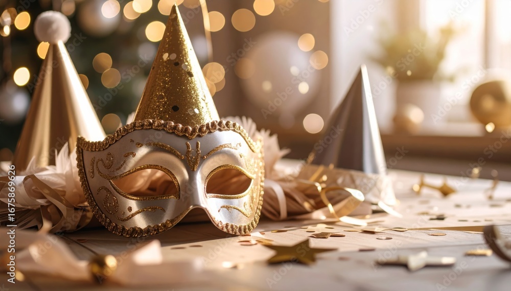 Poster elegant gold mask and party hats on table with bokeh background