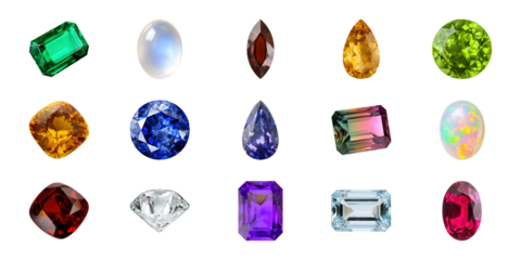 Colorful Gemstone Collection Set. Diverse Precious Stones For Jewelry Design Collection Isolated On Transparent Background