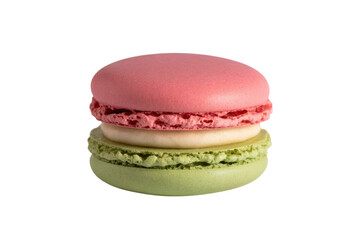 A delectable three-layered macaron with pink, white, and green shells. background removed