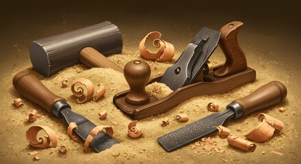 Hand Tools with Wood Shavings on a Rustic Surface