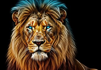 Naklejka premium Fierce Lion Digital Art Captivating Portrait with Glowing Mane and Intense Gaze