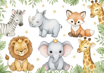 Naklejka premium Adorable Watercolor Baby Safari Animals Collection with Jungle Leaves and Golden Stars for Children