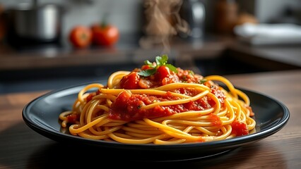 Close-up of delicious spaghetti with rich tomato sauce, steam rising from the plate.