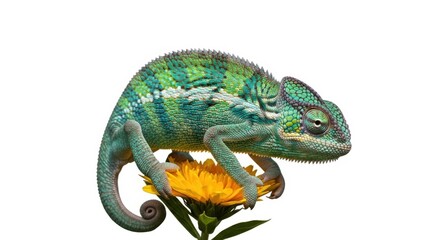Obraz premium Chameleon perched atop a vibrant yellow flower, isolated on white background, showcasing its unique colors