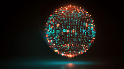 Glowing Digital Sphere Composed of Binary Code and Lights Representing Global Data Network and Technology
