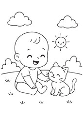 coloring book baby sitting on grass petting cat under sunshine