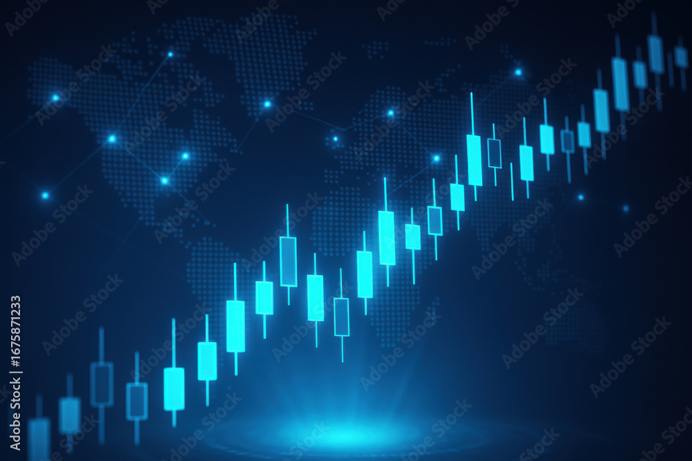 Aufkleber financial chart with glowing candlestick pattern and world map background showing growth