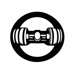 Minimalist graphic dumbbell inside circle symbol creating a bold monochrome silhouette