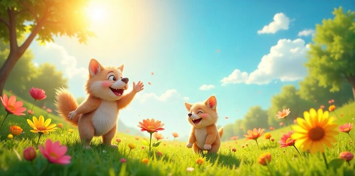 Joyful summer scene with bright sunlight illuminating playful, whimsical elements evoking carefree laughter and the warmth of the season , whimsical, carefree