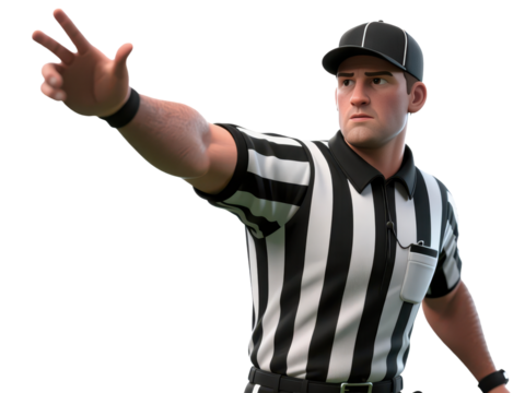 A referee in a striped shirt makes a signal with his hand, looking focused and determined.
