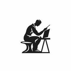 Focused man working on laptop at the desk minimalist silhouette