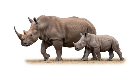 Fototapeta premium A mother rhinoceros with her calf isolated on white background, walking on the african savanna
