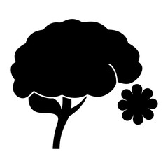 Stylized black and white illustration of a bush and a flower