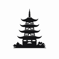 Serene Japanese pagoda with garden trees showcasing architectural design in silhouette