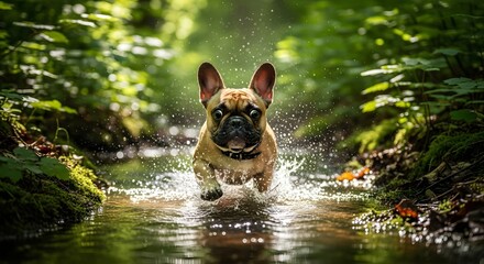 Adorable French Bulldog joyfully splashing through a shallow stream in a lush forest