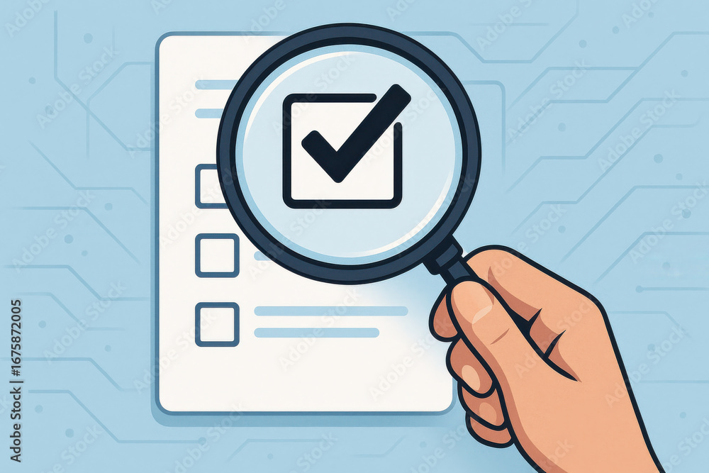 Poster checklist with magnifying glass showing check mark for verification and approval