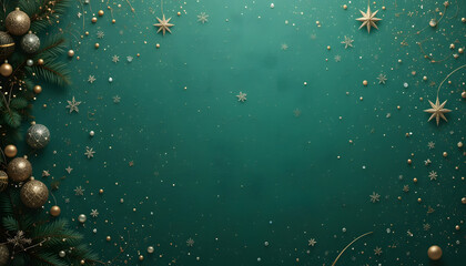 Elegant green Christmas background with pine branches, golden ornaments, and festive decorations.