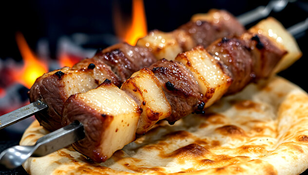Uzbekistan &ndash; Kazan Kabob (Lamb and Fat Skewers). massive cubes of lamb tail fat (kurdyuk) alternating with lean meat on a steel skewer 