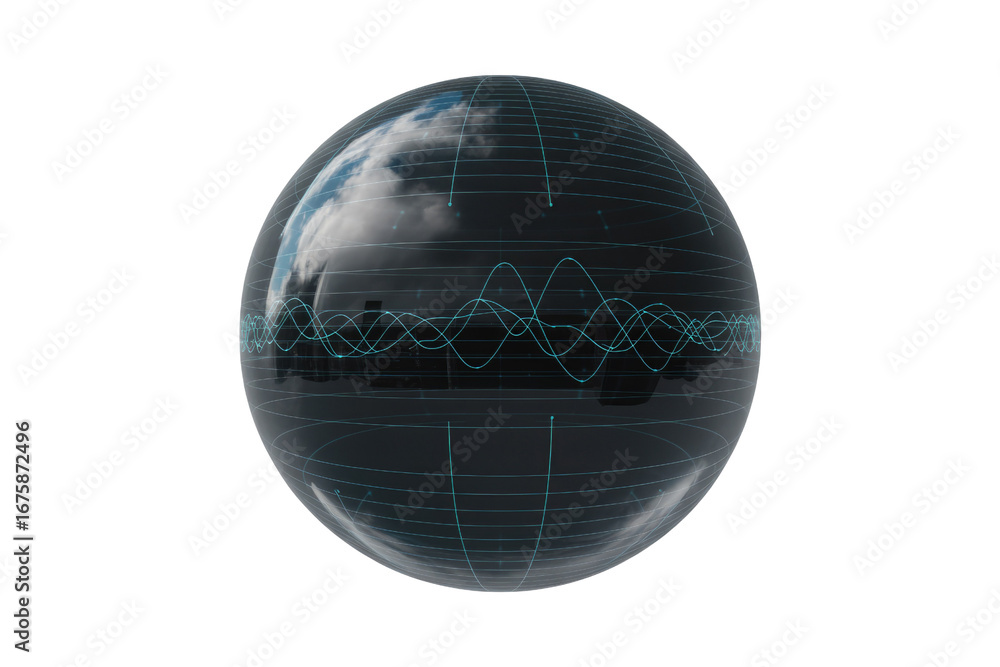 Aufkleber a transparent sphere displays a city skyline overlaid with data waves and grid lines, representing g