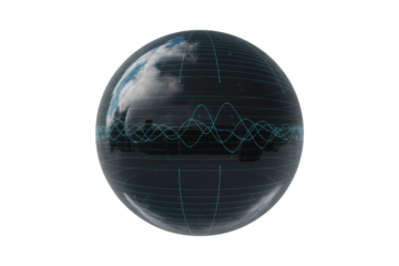 A transparent sphere displays a city skyline overlaid with data waves and grid lines, representing global connectivity and data visualization. background removed