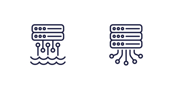 Data lake icons, storing raw data line design