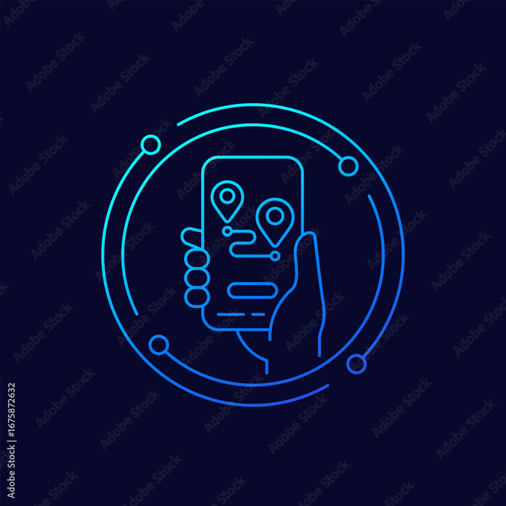 Poster navigation app icon with phone in hand, linear design