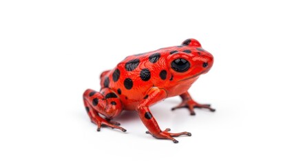 Fototapeta premium Close up of a red poison dart frog with black spots isolated on white background
