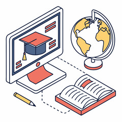 Obraz premium Global Online Education Illustration with Computer, Book and Globe