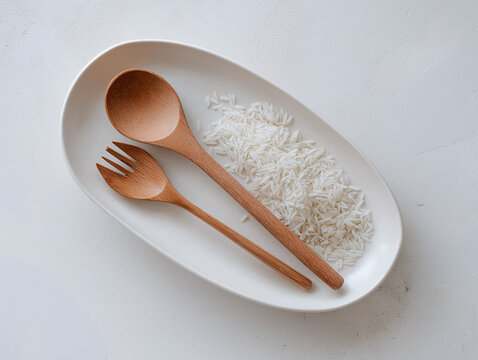 Cinematic, high-resolution view of a white serving dish with a wooden serving fork and spoon placed across it. A small pile of whole grain rice is on the dish, creating a simple, organic look on a bri