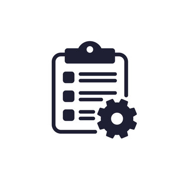 project specification icon with gear and clipboard