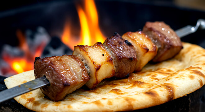 Uzbekistan &ndash; Kazan Kabob (Lamb and Fat Skewers). massive cubes of lamb tail fat (kurdyuk) alternating with lean meat on a steel skewer 
