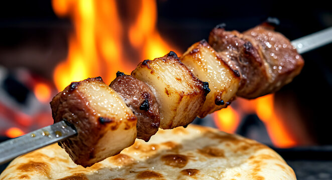 Uzbekistan &ndash; Kazan Kabob (Lamb and Fat Skewers). massive cubes of lamb tail fat (kurdyuk) alternating with lean meat on a steel skewer 