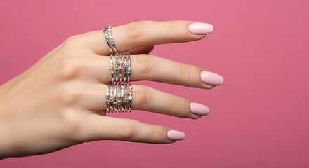 Woman's hand with multiple rings and pink nails on a pink background.