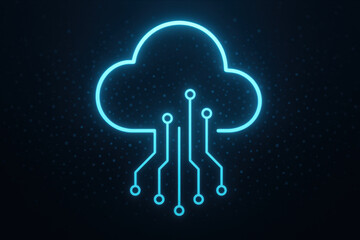 Cloud computing icon with digital circuit lines glowing on dark background