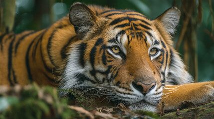Obraz premium Close-up of a resting Bengal tiger in a lush jungle setting with intense gaze and detailed fur patterns 
