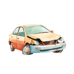 Crashed car, damaged vehicle, watercolor style, orange blue, broken, accident, isolated