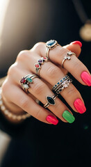 A woman's hand adorned with multiple colorful gemstone rings and vibrant neon pink and green nail polish.