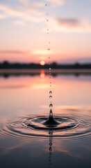 A single water drop creates perfect ripples on a calm lake during a beautiful, serene sunset.