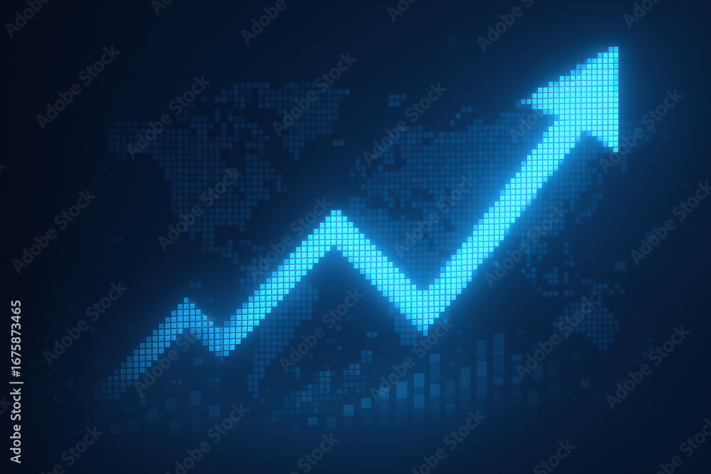 Aufkleber digital arrow graph showing growth with world map background in blue light