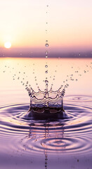 A stunning crown splash of water captured at sunset with ripples spreading outwards.