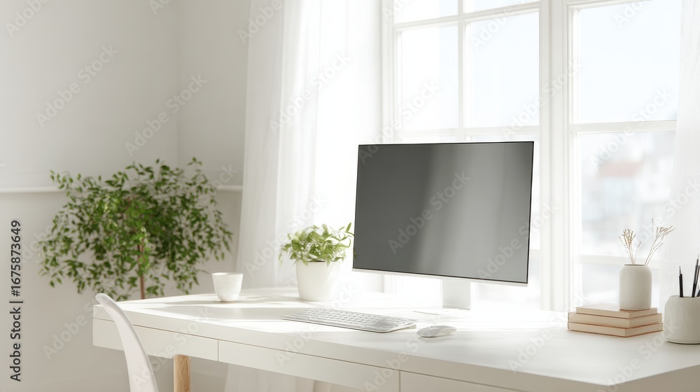 Poster modern minimalist home office with computer and greenery. bright workspace promoting productivity an