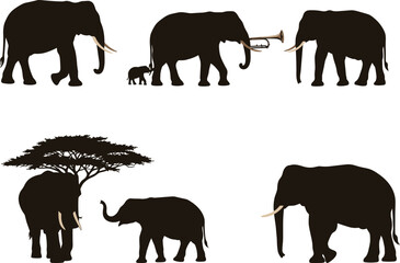 African Elephant Silhouette Vector Set with Tree and Calf for Wildlife Art, Safari Posters, Nature Graphics, and Educational Projects