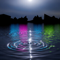 Water ripples reflecting colorful lights under a moonlit night sky with rocky silhouettes.