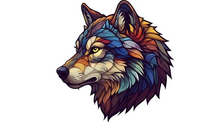 Naklejka premium An artistic abstract illustration of a wild wolf head, featuring a vibrant and colorful geometric design. A powerful animal portrait