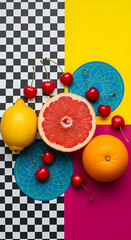 Colorful arrangement of fruits on a patterned background.