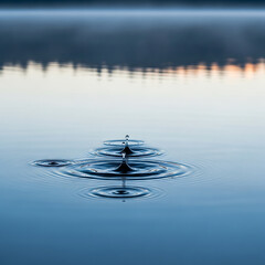 Water droplet impacting a calm lake surface, creating concentric ripples and reflections.